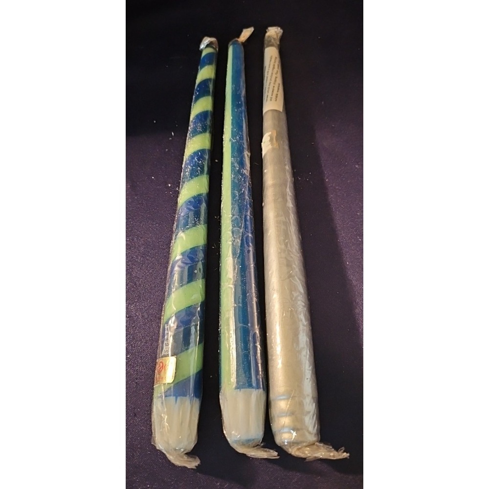Vintage 3 Slim Candles 11.5" One Silver, One Turq. and light green, One striped